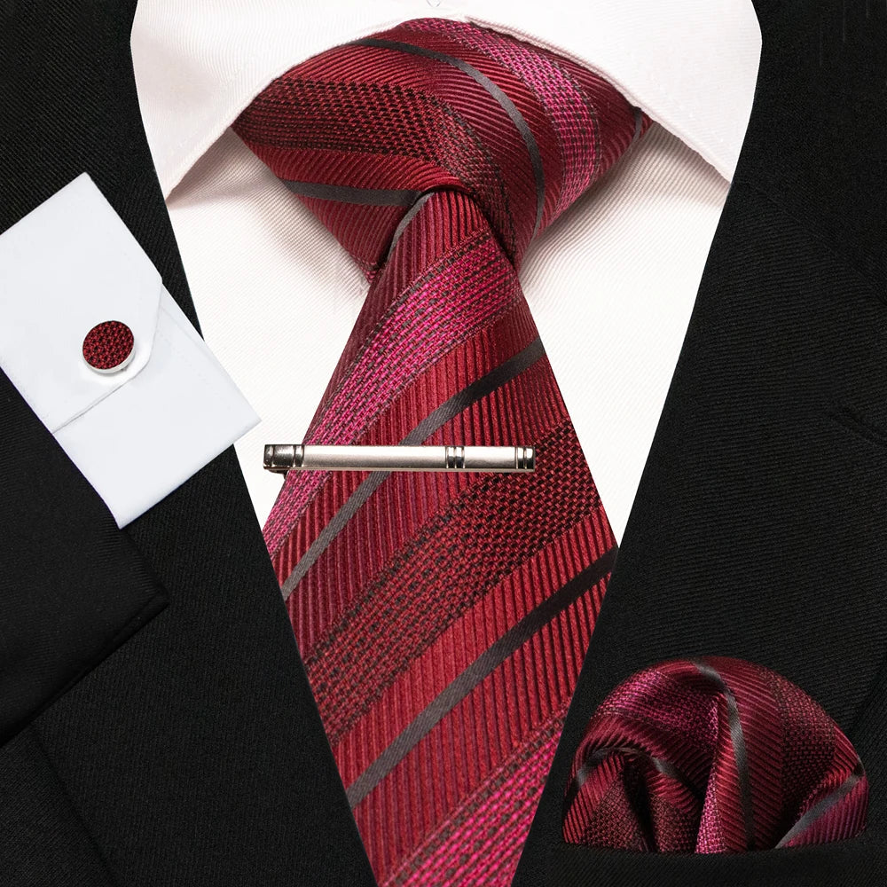 8cm Silk Mens Ties Green Black Ties plaid stripe NeckTie Pocket Square Cufflinks Tie clips Set Men's Wedding business Party Tie Good Vibrations