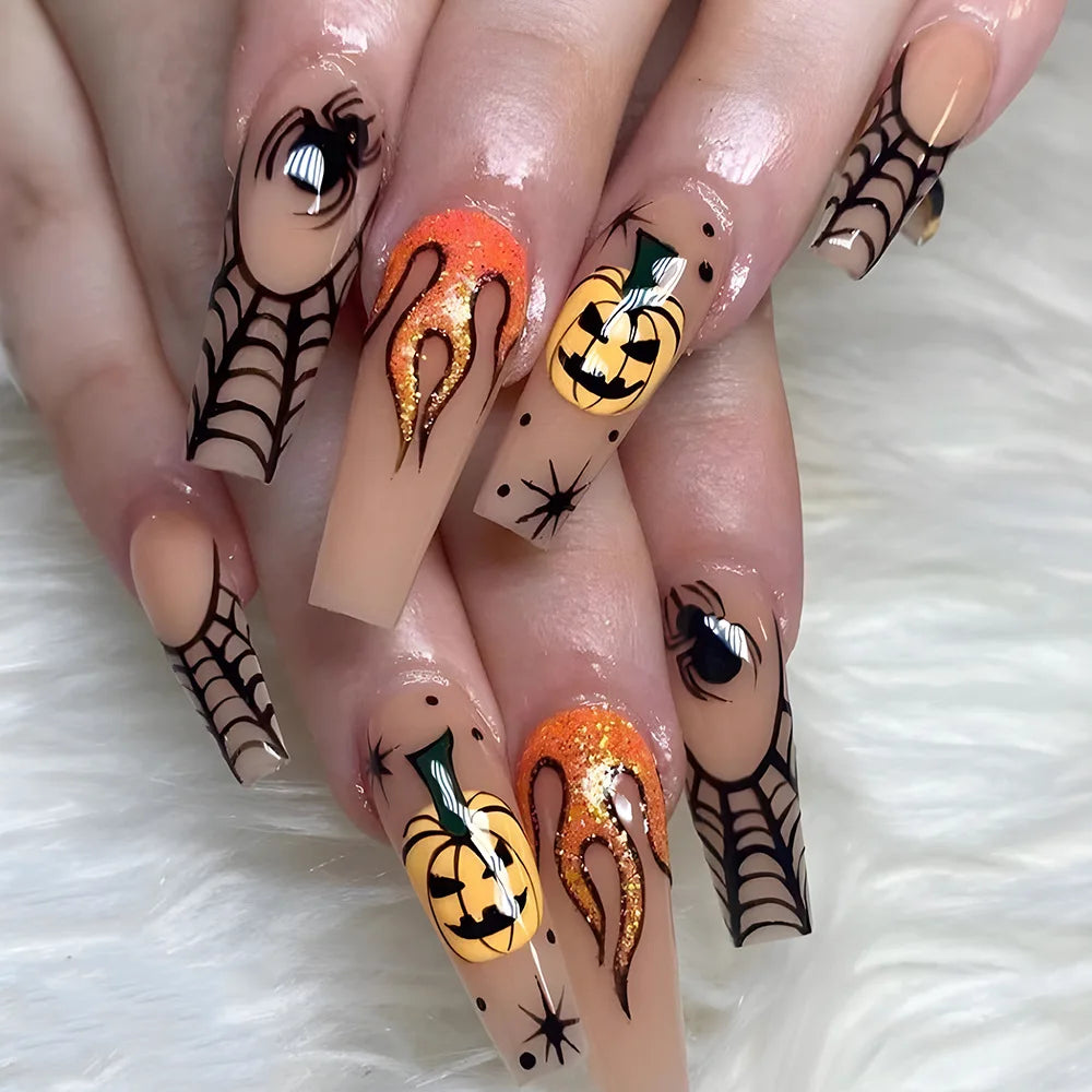 24pcs Halloween Press on Nails with Skull Black Spider Wed Design French Fake Nail Patch Full Cover Wearable False Nail Tips Good Vibrations
