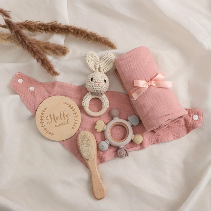 1Set Baby Bath Toy Set Food Grade Silicone Teether Toys Wooden Ring Crochet Rattle Milestones Card Bath Brush For Newborn Gift Good Vibrations