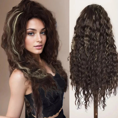 GNIMEGIL Synthetic Long Wave Cur Wigs Female Natural Brown Wig with Clip Free Part Side Bangs 80s Curly Wigs for Women Ombre Wig Good Vibrations
