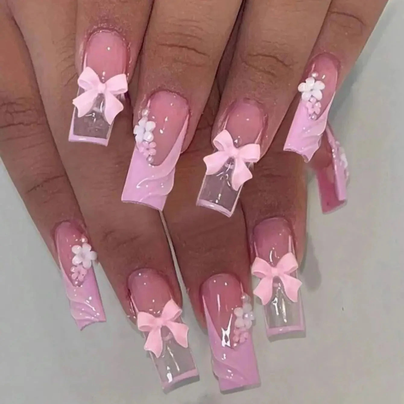24PCS- Long coffin shaped fake nails, pink three-dimensional butterfly, pink flower decoration, suitable for dating, dinner Good Vibrations