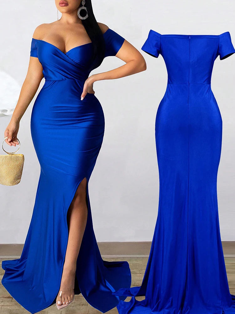 Classic High Slit Evening Dress Women Solid Maxi Long Dresses With Sleeves Wedding Bridesmaid Elegant Party Dresses 2025 Woman Good Vibrations