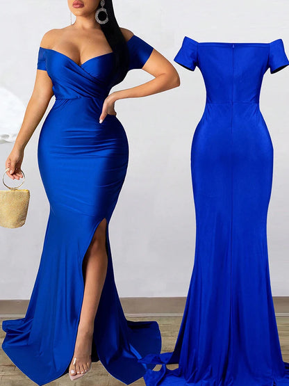 Classic High Slit Evening Dress Women Solid Maxi Long Dresses With Sleeves Wedding Bridesmaid Elegant Party Dresses 2025 Woman Good Vibrations