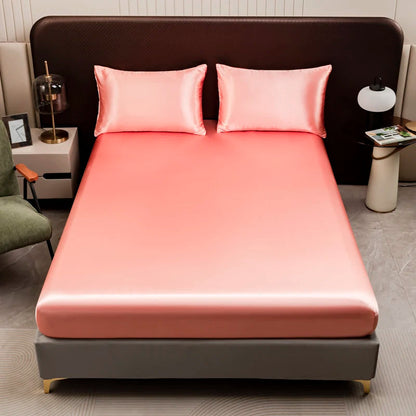 1Pc Satin Fitted Sheet Solid Colour Twin Full Queen Ice Silk Mattress Cover Natural With Elastic Band Bed Sheet (No Pillowcase) Good Vibrations