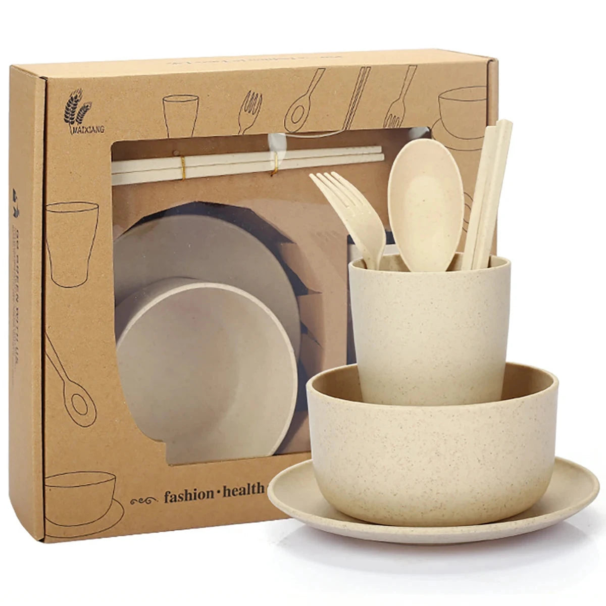 Fork Spoon Chopsticks Bowls Cup Dish Dinnerware Set High Grade Wheat Straw Tableware Children's Unbreakable Dishes Camping Set Good Vibrations