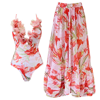 2Pcs Printed Swimsuit Women Sexy Swimwear New Bikini With Long Skirt Female Biquini Push Up Swim Suit Bodysuit Beachwear CoverUp Good Vibrations