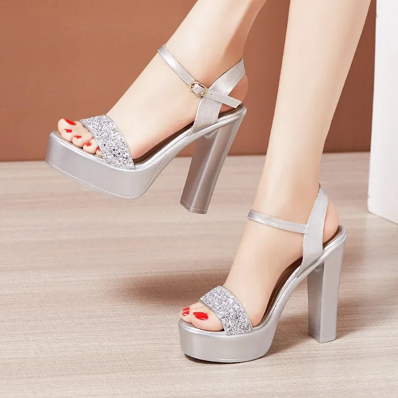 8 10 13cm Small Size 32-43 Bling Silver Wedding Shoes Bride Platform Sandals Summer 2025 Block High Heels Sandals Party Model Good Vibrations