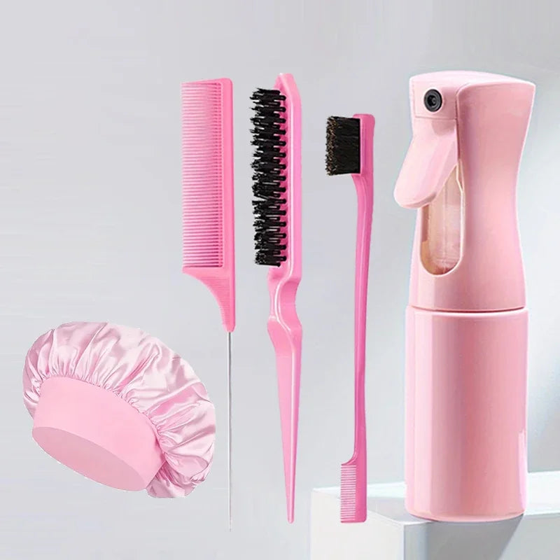 5pcs Hair Styling Set: Includes Hair Spray Bottle, Sleeping Rat Tail Comb, Sectioning Comb, and Edge Brush  Hair Cap Salon Good Vibrations