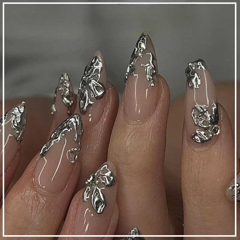 24Pcs False Nails Spicy Girl Silver Bow with Diamond Fake Nails with Glue Almond Press on Nails Black Cool Y2k Almond Nail Set Good Vibrations