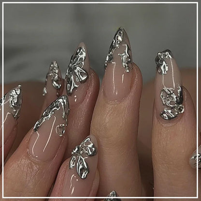 24Pcs False Nails Spicy Girl Silver Bow with Diamond Fake Nails with Glue Almond Press on Nails Black Cool Y2k Almond Nail Set Good Vibrations
