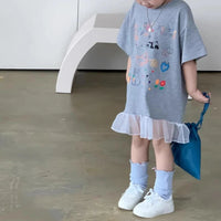 2024 Summer New Girls Short Sleeve Casual Dress Cute Flower Print Children Long T Shirts Loose Kids Princess Dress Girls Clothes Good Vibrations