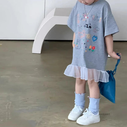 2024 Summer New Girls Short Sleeve Casual Dress Cute Flower Print Children Long T Shirts Loose Kids Princess Dress Girls Clothes Good Vibrations