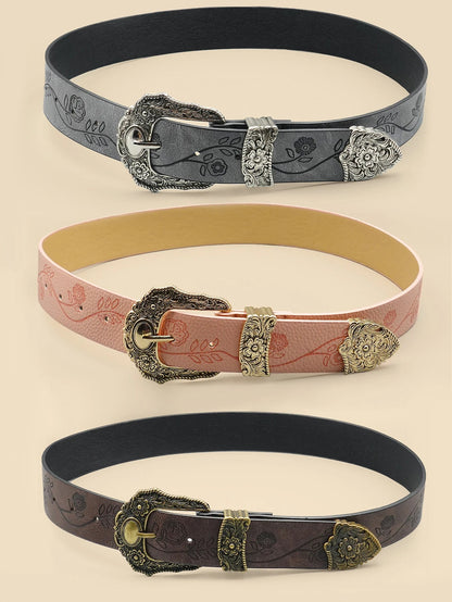 Western Style Printed Solid Color Pu Belt Buckle, Retro Casual Women's Belt, Classic Jeans Decorative Belt Good Vibrations