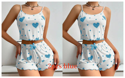 Women's Pajamas Set Sleepwear 2 PCS Short Tank Tops And Shorts S M L White Ventilate Soft Casual Love Printing Good Vibrations