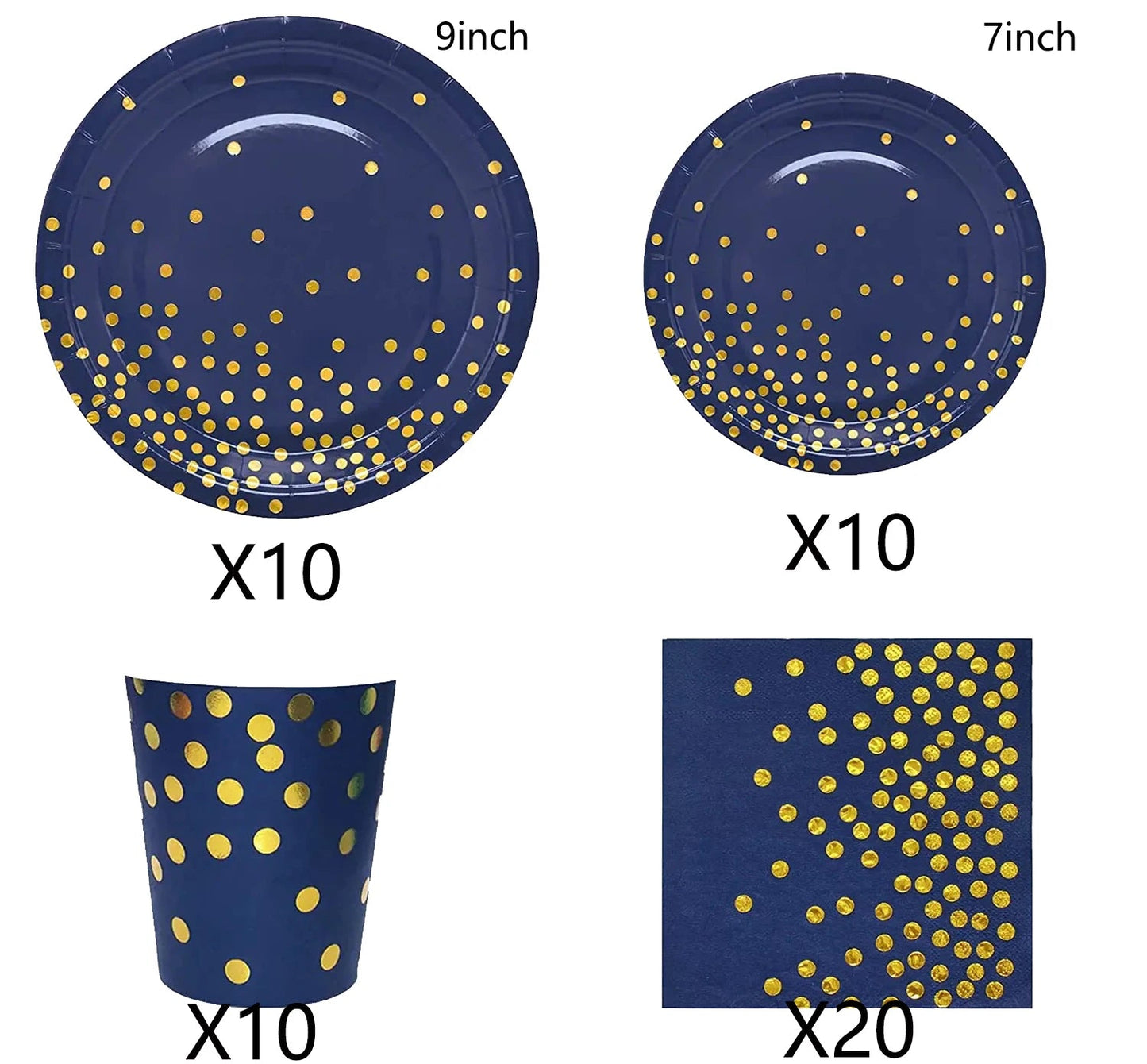 Navy Blue Gold Party Decorations Blue and Gold Disposable Tableware Set Paper Plates Cups Napkin Tablecloth Wedding Anniversary Good Vibrations
