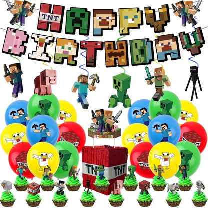 Blocky Game Birthday Party Decoration Set Pixel War Banner Balloons and Tablecloth Combination Birthday Party Festival Supplies Good Vibrations