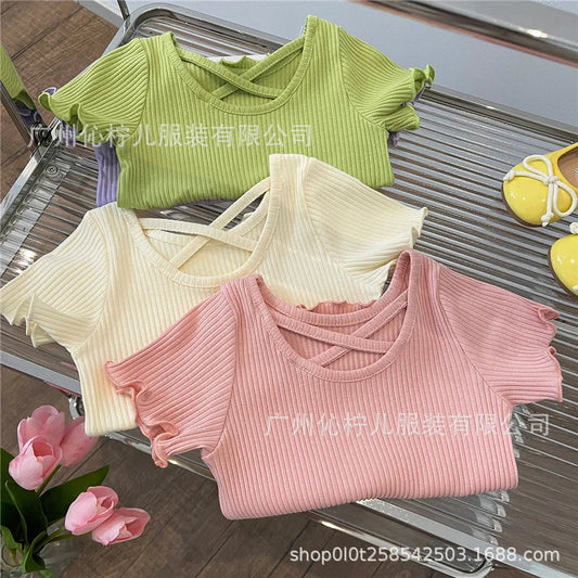 Girls T-Shirt Summer Children Short Sleeved Thin Soft Tops Simple Solid Color Casual Kids Clothing 2-6 Years Sweet Shirtthing Good Vibrations