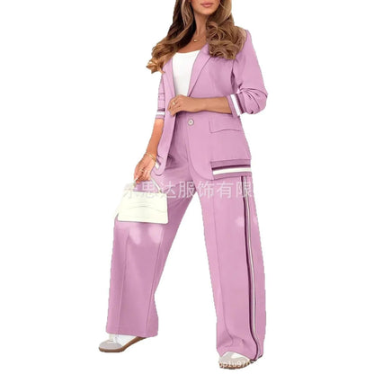 Women Suit Jacket 2 Piece Sets Striped Blazer Coat Turn Down Collar Single Breasted Wide Leg Pants Ensemble Office Lady Outfits Good Vibrations