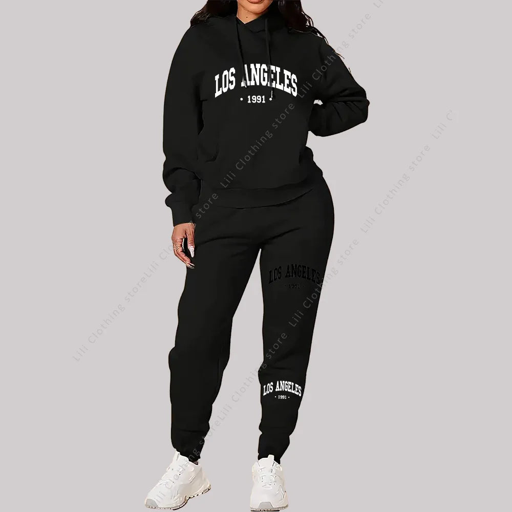 Women Sets Hoodies Pants 2 Piece Outfits Aesthetic Sportswear Sweatsuit Los Angeles Letter Print Suit Ladies Tracksuit Plus Size Good Vibrations