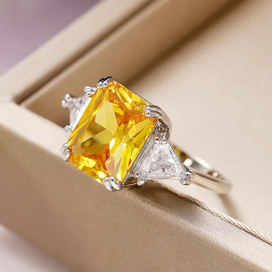 Huitan Geometric Shaped Yellow Cubic Zirconia Rings Silver Color Wedding Bands for Women Brilliant Accessories  Party Jewelry Good Vibrations