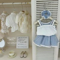 Girls Set Summer Outfit Sweet Bow Letter Suspender Blue Checkered Lace Skirt Two Piece Set 2025 New Children Clothing Good Vibrations
