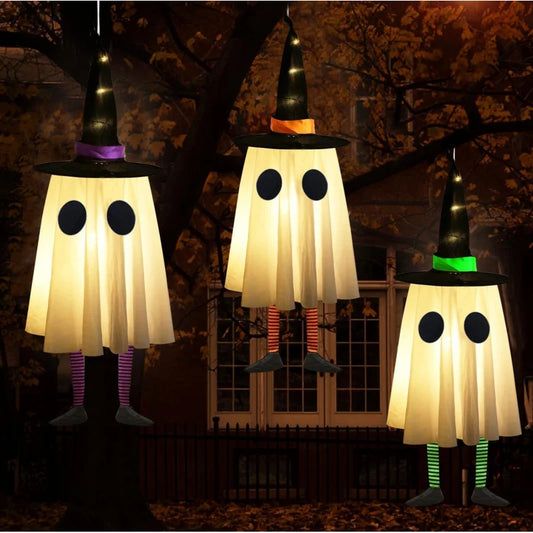 Halloween Hanging Ghost Decorations, Outdoor Halloween Witches Hat Lights, Glowing Ghosts for Garden Trees, Yard Halloween Decor Good Vibrations