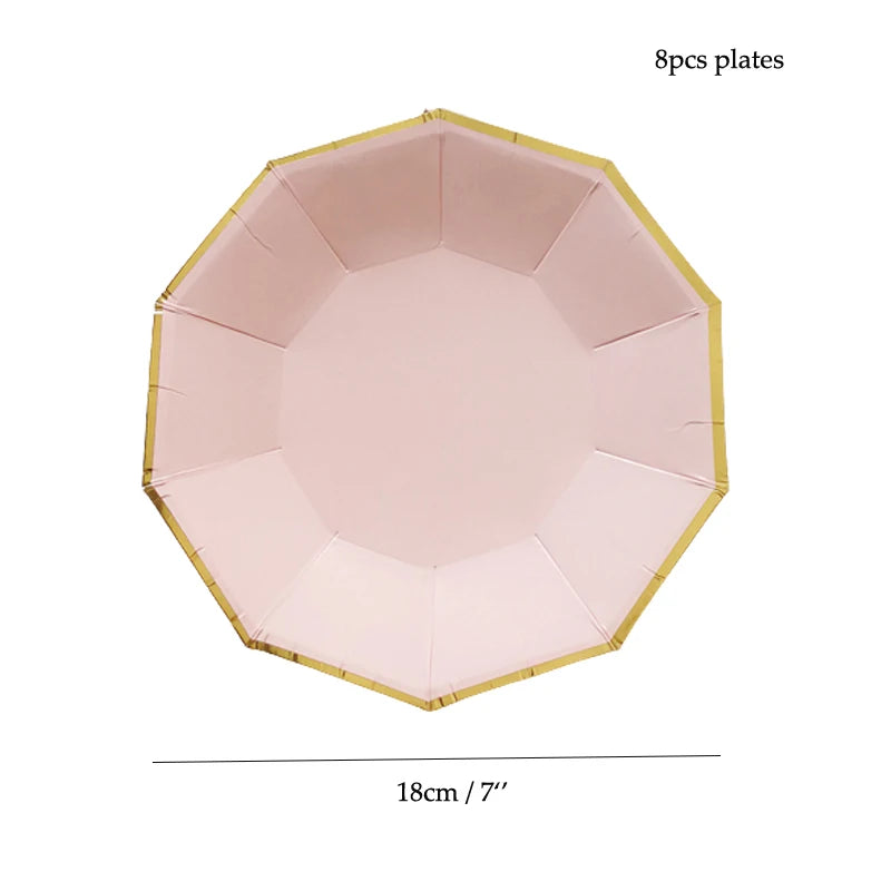 8 PCS/Lot Party Paper Plates Cups Pink Gold Happy Birthday Party Wedding Decoration Baby Shower Tableware Kids Birthday Decor Good Vibrations