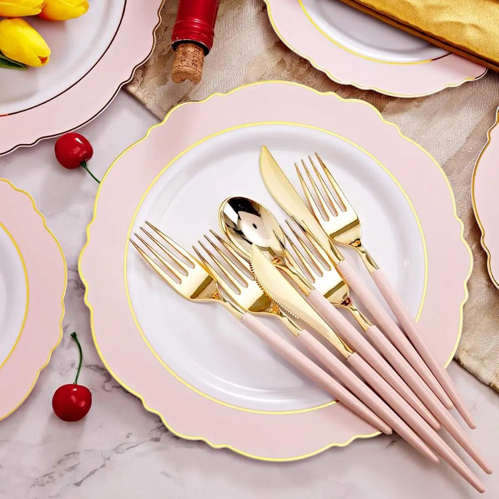 30Guest Pink Plates Disposable - Hign-End Baroque Design - Gold Plastic Silverware With Handle-Baroque Pink &Gold Plastic Good Vibrations