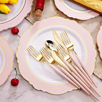 30Guest Pink Plates Disposable - Hign-End Baroque Design - Gold Plastic Silverware With Handle-Baroque Pink &Gold Plastic Good Vibrations