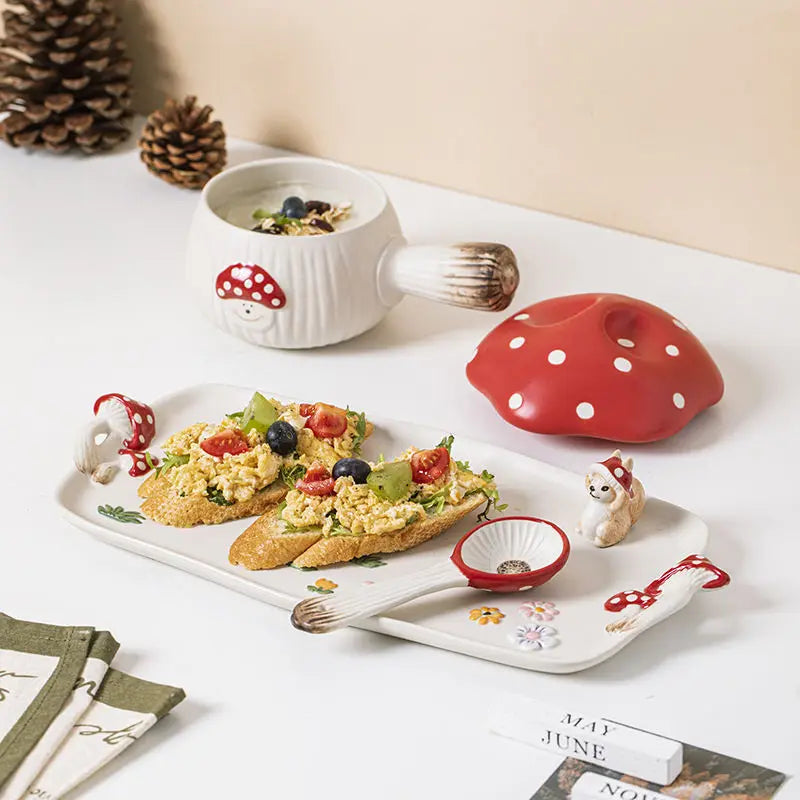 Red Mushroom Handle Bowl with Lid Creative Ceramic Breakfast Fruit Dessert Plate Creative Mushroom Salad Bowl Spoon Cutlery New Good Vibrations