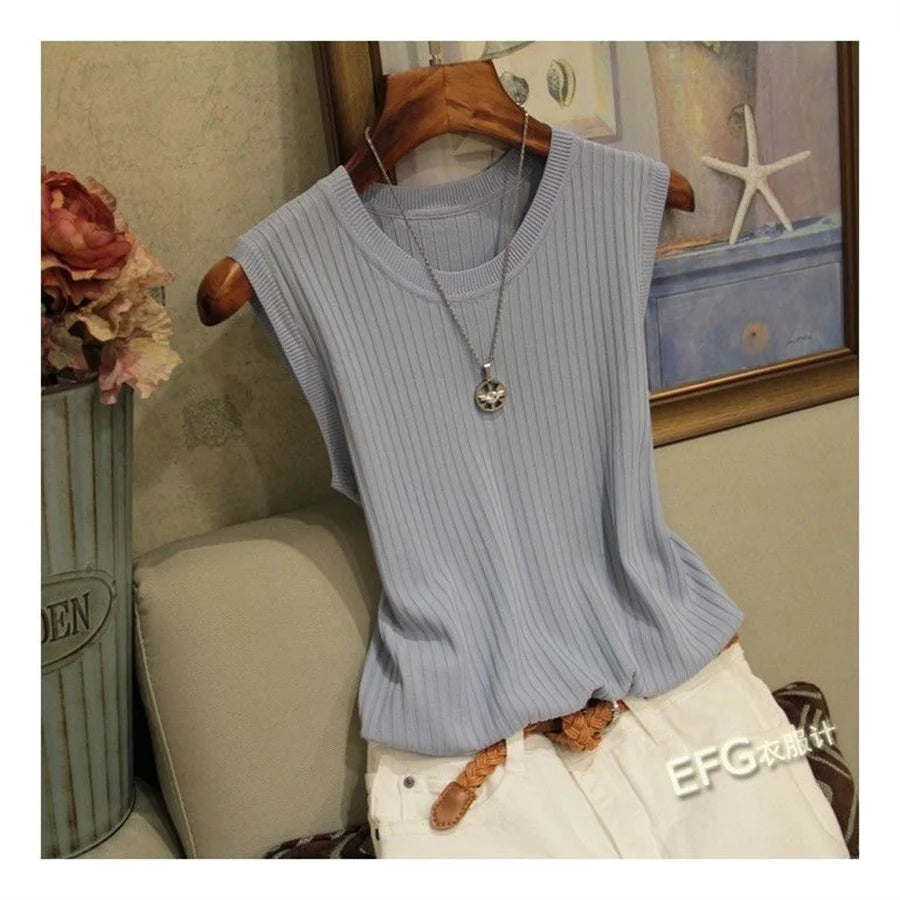 Summer Sleeveless Blouse Women O-neck Knitted Blouse Shirt Women Clothes Women Tops DF4903 Good Vibrations