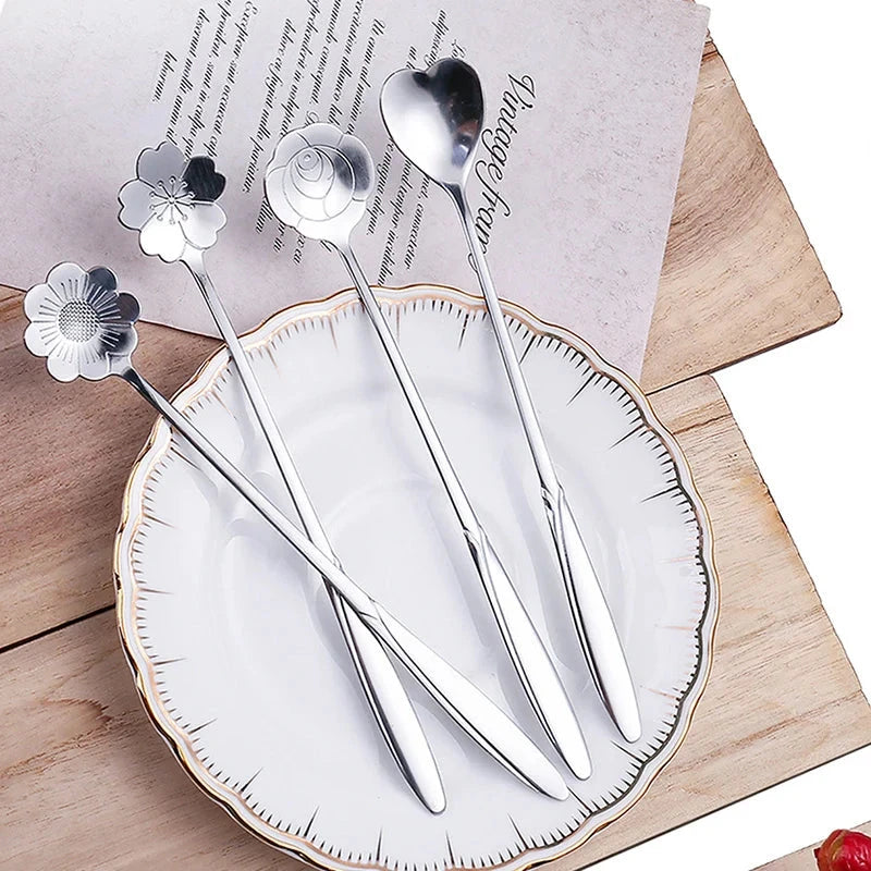 4Pcs Flower Spoon Set Small Teaspoon Coffee Spoon Cute Ice Cream Dessert Spoon Silver Gold Stainless Steel Tableware Accessories Good Vibrations