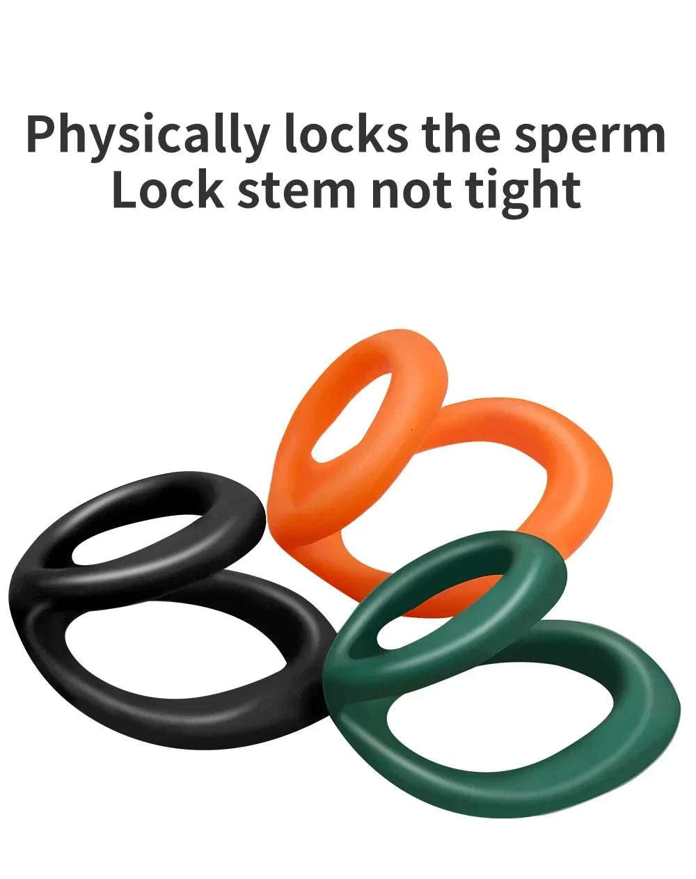 Semen lock ring set in black, orange, and green for male masturbation, featuring a design that physically locks sperm.
