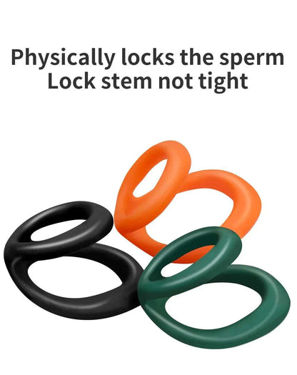 Semen lock ring set in black, orange, and green for male masturbation, featuring a design that physically locks sperm.