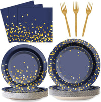 Navy Blue Gold Party Decorations Blue and Gold Disposable Tableware Set Paper Plates Cups Napkin Tablecloth Wedding Anniversary Good Vibrations