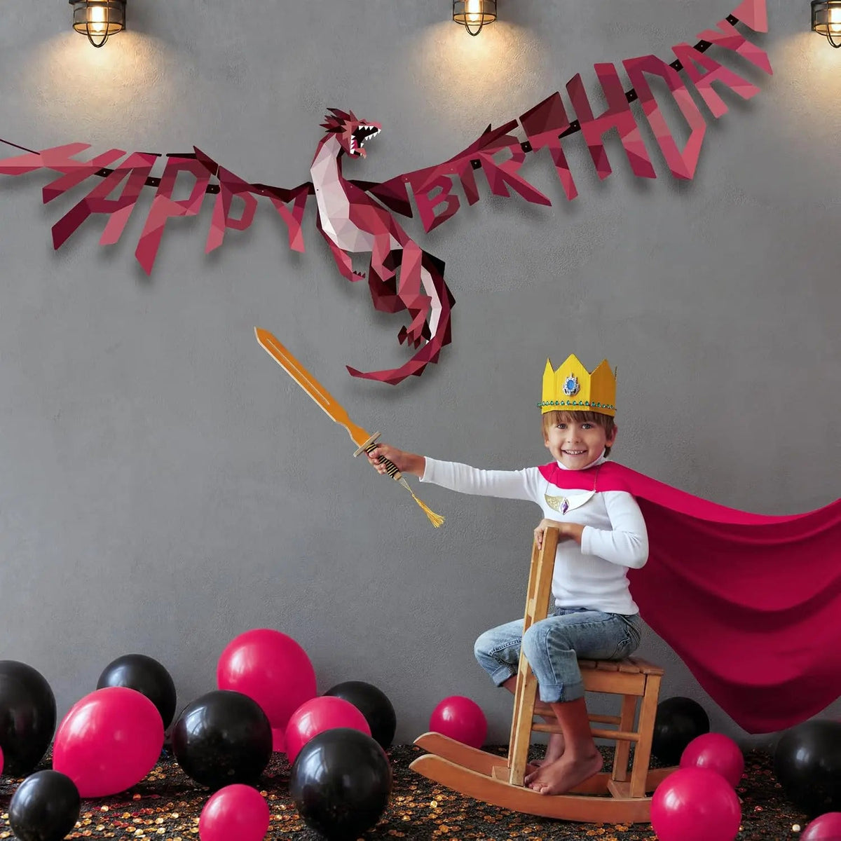 Dragon Party Decor Medieval Dragon Hanging Happy Birthday Banner Fire Wings Garland Geometric Fantasy Castle Streamer Decoration Good Vibrations