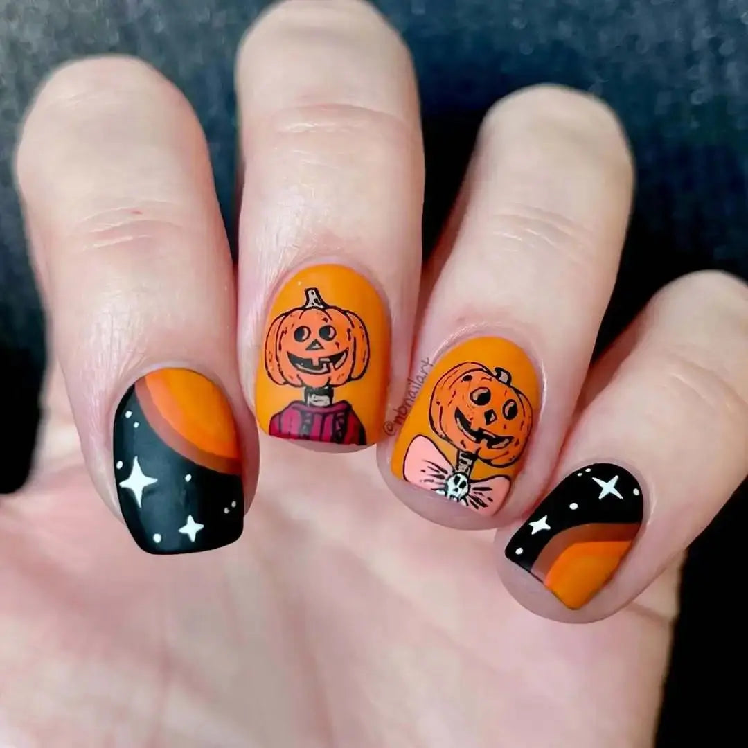 2025 New Halloween Press on Nails Pumpkin Witch Ghost Pattern False Nails Detachable Wearable European Cute Short Fake Nails Good Vibrations