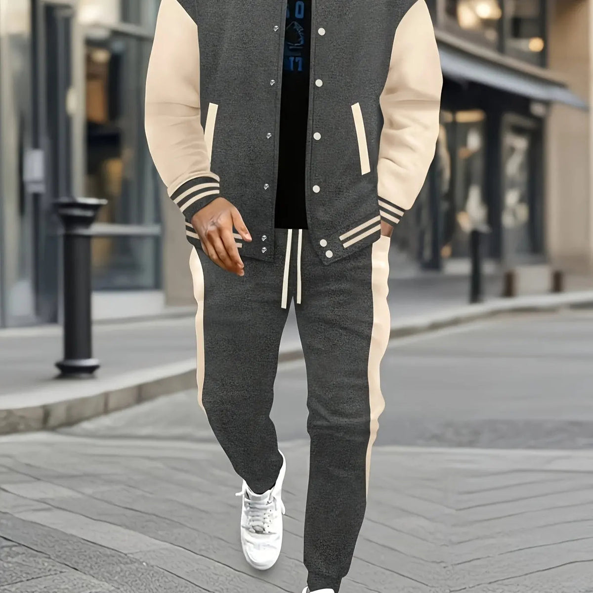 Men's Casual Baseball Jacket & Pants Color Block Polyester Button-Up with Belt Detail for Spring/Fall 1/2pieces Good Vibrations