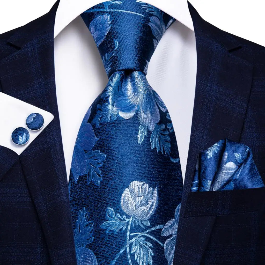 Hi-Tie Navy Blue Solid Paisley Silk Wedding Tie For Men Hanky Cufflink Mens Necktie Set Business Party New Design Dropshipping Good Vibrations