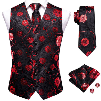 Hi-Tie Black Men Silk Vest Paisley Jacquard Necktie Hankerchief Cufflinks Sets Male Sleeveless V-Neck Waistcoat Business Formal Good Vibrations