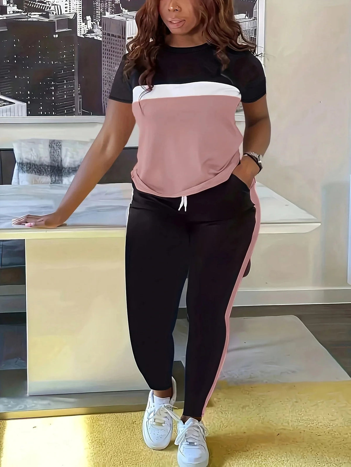 Pant Set Women Two Piece Sets Matching Sets Short Sleeve Loose Casual Tops Long Pants Lace Up Elastic Waist Jogger Summer Good Vibrations