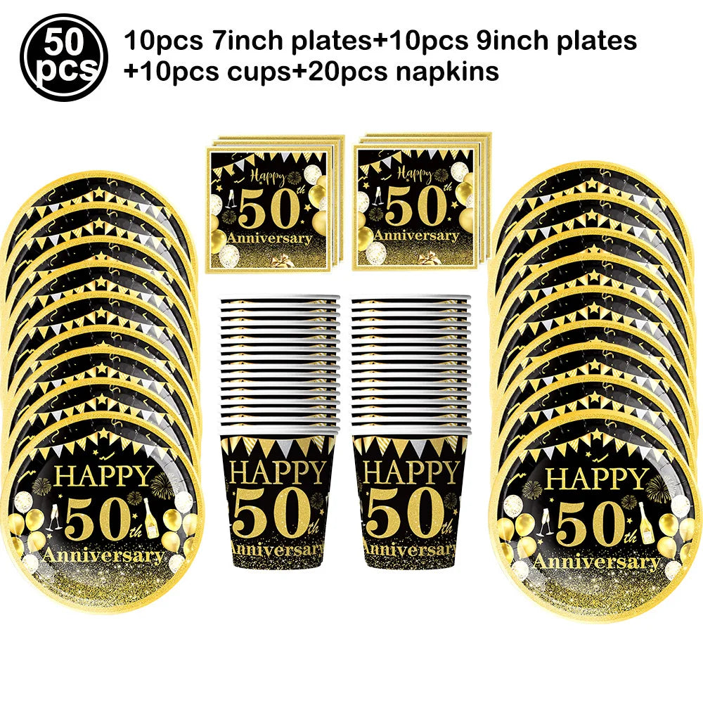 50th Birthday Party Supplies for Men Women Black and Gold 50 Years Old Party Paper Plates Cups Napkin Tablecloth Tableware Decor Good Vibrations