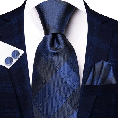 Hi-Tie Navy Blue Solid Paisley Silk Wedding Tie For Men Hanky Cufflink Mens Necktie Set Business Party New Design Dropshipping Good Vibrations