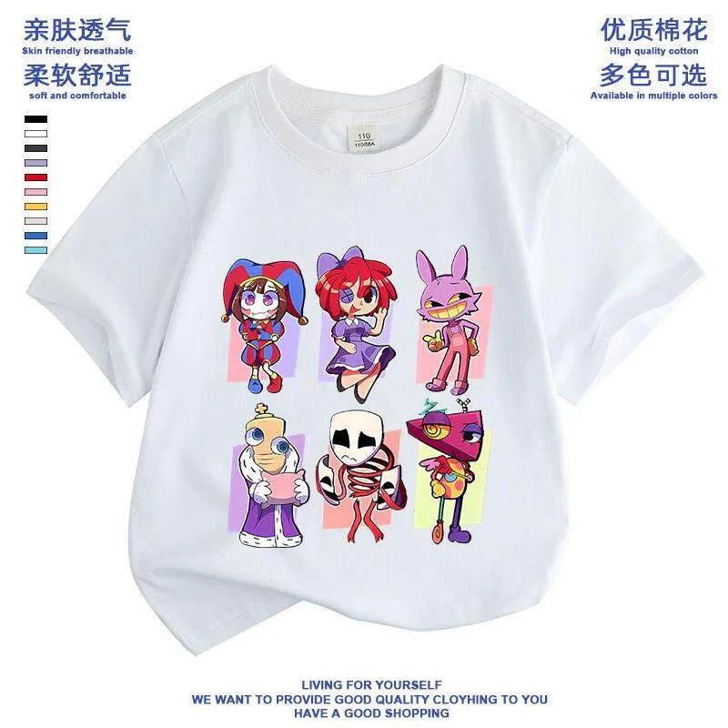 2026 Pure cotton boys and girls' short-sleeved T-shirt summer children's clothing cartoon magic digital circus children's top Good Vibrations