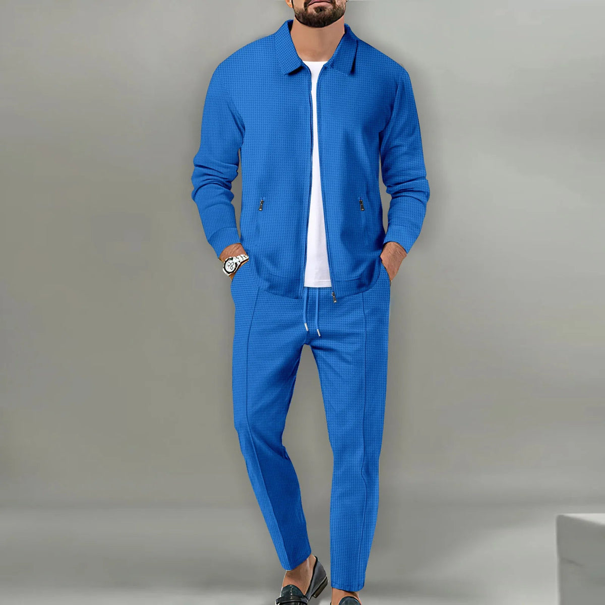 2026 Coat Fall Waffle Zip Pocket Lapel Slim Cardigan Men's Jacket Set Good Vibrations