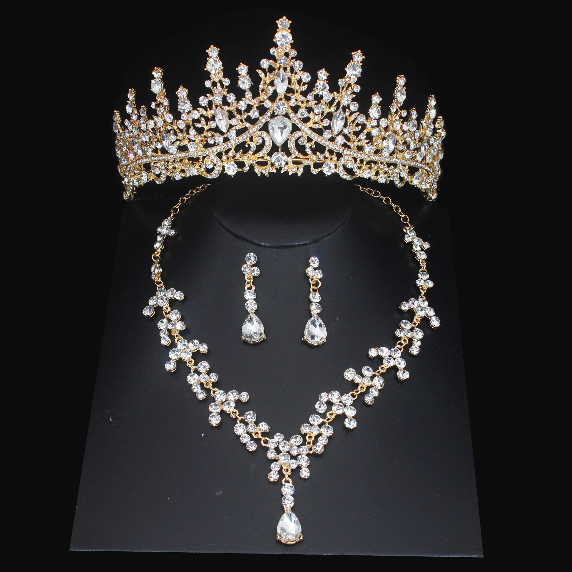 Luxury Crystal Wedding Bridal Jewelry Sets Women/Girl Gold Color Tiara/Crown Earrings Choker Necklace Bride Jewelry Set Good Vibrations Adult Super Store