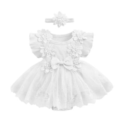 3D Flower Summer Baby Girls Romper Princess Mesh Newborn Clothes Lace Patchwork Ruffle Bodysuit Dress Headband Kids Clothing Good Vibrations