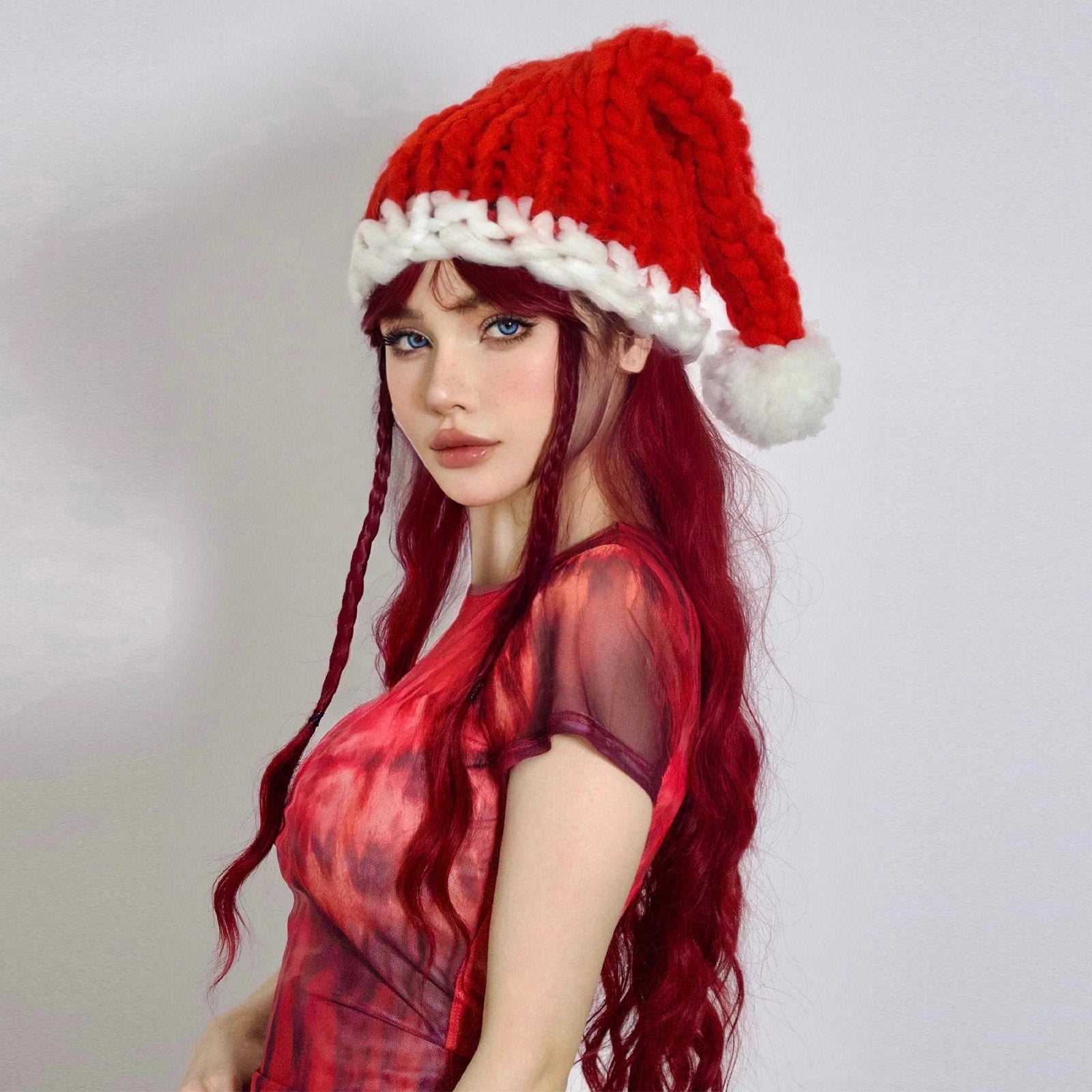 Wine Red Burgundy Synthetic Wigs for Women Long Curly Wave Cosplay Party Red Wigs with Bangs Natural Heat Resistant Daily Wigs Good Vibrations