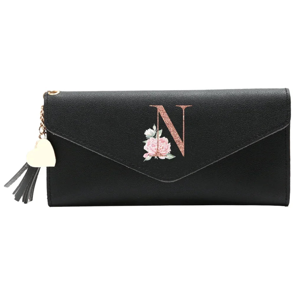 Wallet Black Small Leather Coin Purse Rfid Blocking Wallet Rose Gold Pattern Mini Purse with ID Window for Women Good Vibrations