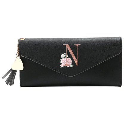 Wallet Black Small Leather Coin Purse Rfid Blocking Wallet Rose Gold Pattern Mini Purse with ID Window for Women Good Vibrations
